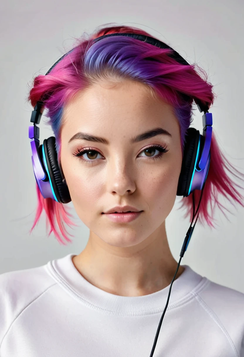 In the image, we see a young woman with vibrant pink hair wearing headphones. She has a confident expression on her face and appears to be enjoying listening to music. The headphones are over her ears, and she is wearing a white sweatshirt. The woman''s age is estimated to be around 22 years old, and she is identified as female. The colors in the image include shades of pink, purple, and blue. The focus is on the woman''s face and hair, showcasing her unique style and personality.