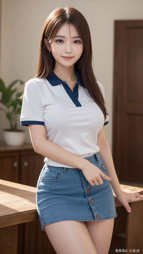 (One woman), Great face and eyes, blue eyes, Captivating smile, (Stunningly beautiful woman), (Highest quality:1.4), (Very detailedな), (Very detailed CG 統合 8k 壁紙), Very detailed, High-quality RAW color photos, Professional photography, Written boundary depth、Sexy pose、Luxury、(((Big Breasts、Reality)))、(((Polo shirt)))、mini skirt、Beautiful feet、height: 170cm、Slender beauty,(Beautiful limbs,Beautiful fingers:1.5)
