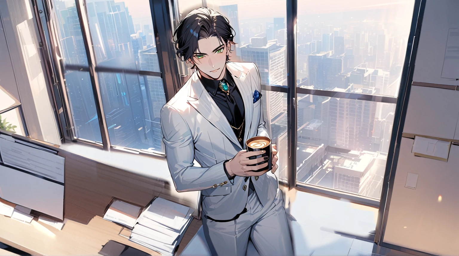 1 male, 25 years old British male, decisive, graceful, tattooed, emerald green eyes, black hair, white suit, black shirt, tie, British gentleman, white pants, office president, perfect body
Standing, holding a cup of coffee in his hand
((best quality)), ((masterpiece)), (detailed), office, president's office, floor-to-ceiling windows, top-down view scene,