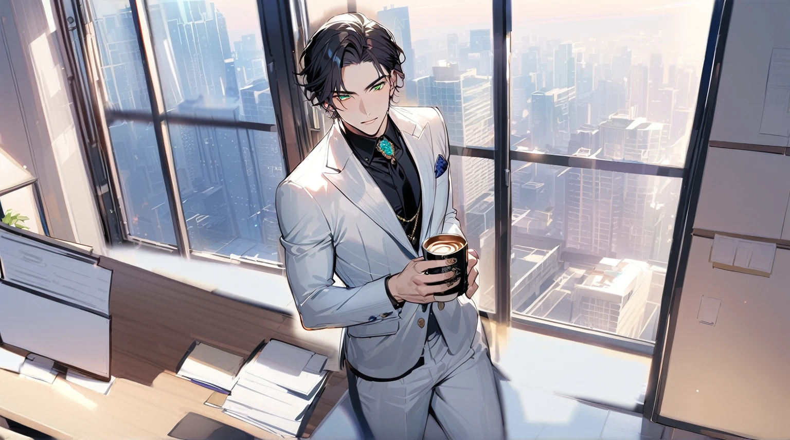 1 male, 25 years old British male, decisive, graceful, tattooed, emerald green eyes, black hair, white suit, black shirt, tie, British gentleman, white pants, office president, perfect body
Standing, holding a cup of coffee in his hand
((best quality)), ((masterpiece)), (detailed), office, president's office, floor-to-ceiling windows, top-down view scene,