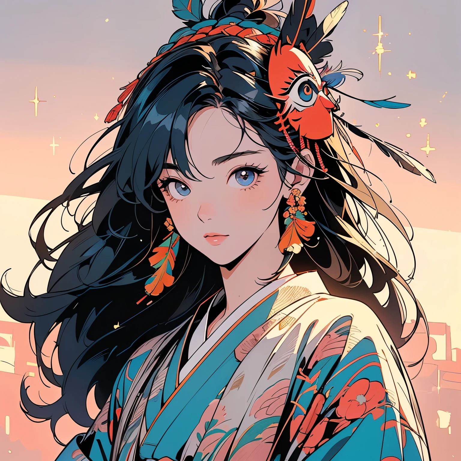 kimono, 完璧なkimono, 詳細なkimono, first-class, Super detailed, torii, Night view, (((Super detailedな装飾))),One Woman, Perfect Face, Lantern, Faint lighting, (((Cowboy Shot))), Super detailedな髪、(((Sparkling Eyes))),mysterious, Golden Belt, The wind is blowing, Apparition, Japanese style, Panorama, Long Shot, Colorful backgrounds, (((Narrow-eyed beauty))),(((Indian-style feather headdress on head))),Upper Body,(((Complex eye pattern)))、(((Wearing a bird head mask on his head)))、A beautiful woman、Detailed face、Best quality face、Large feather ornament