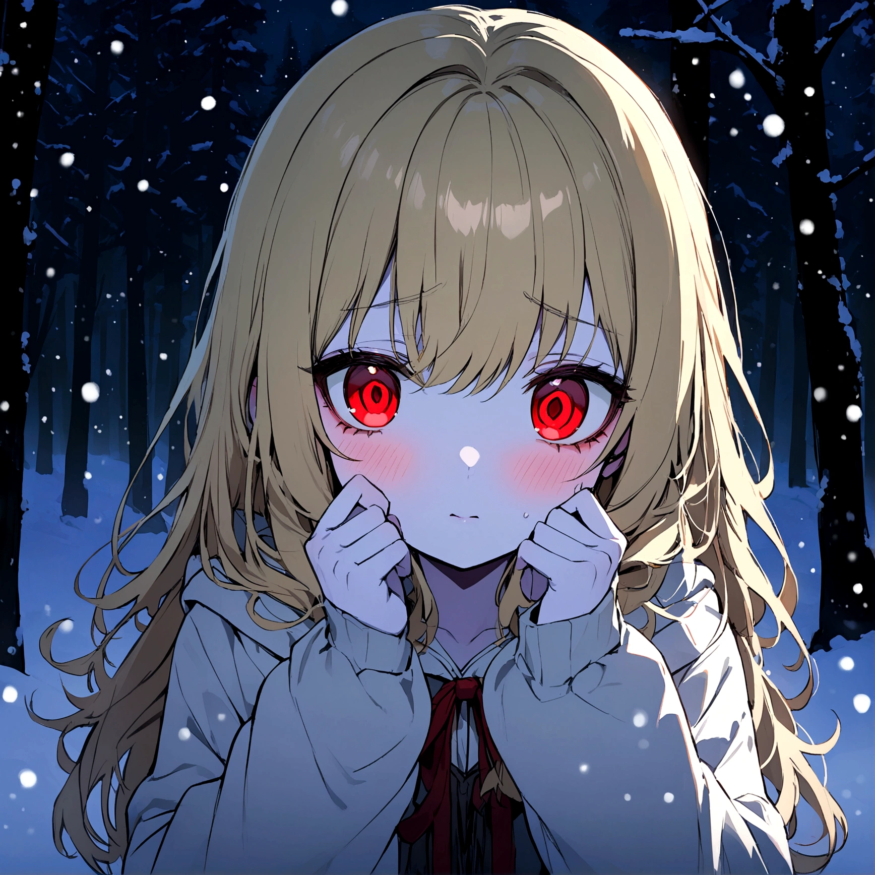 Young girl, posing very shy, nervous, piercing eyes, red eyes, blonde hair, pale pink skin, pine forest background with snow, night time