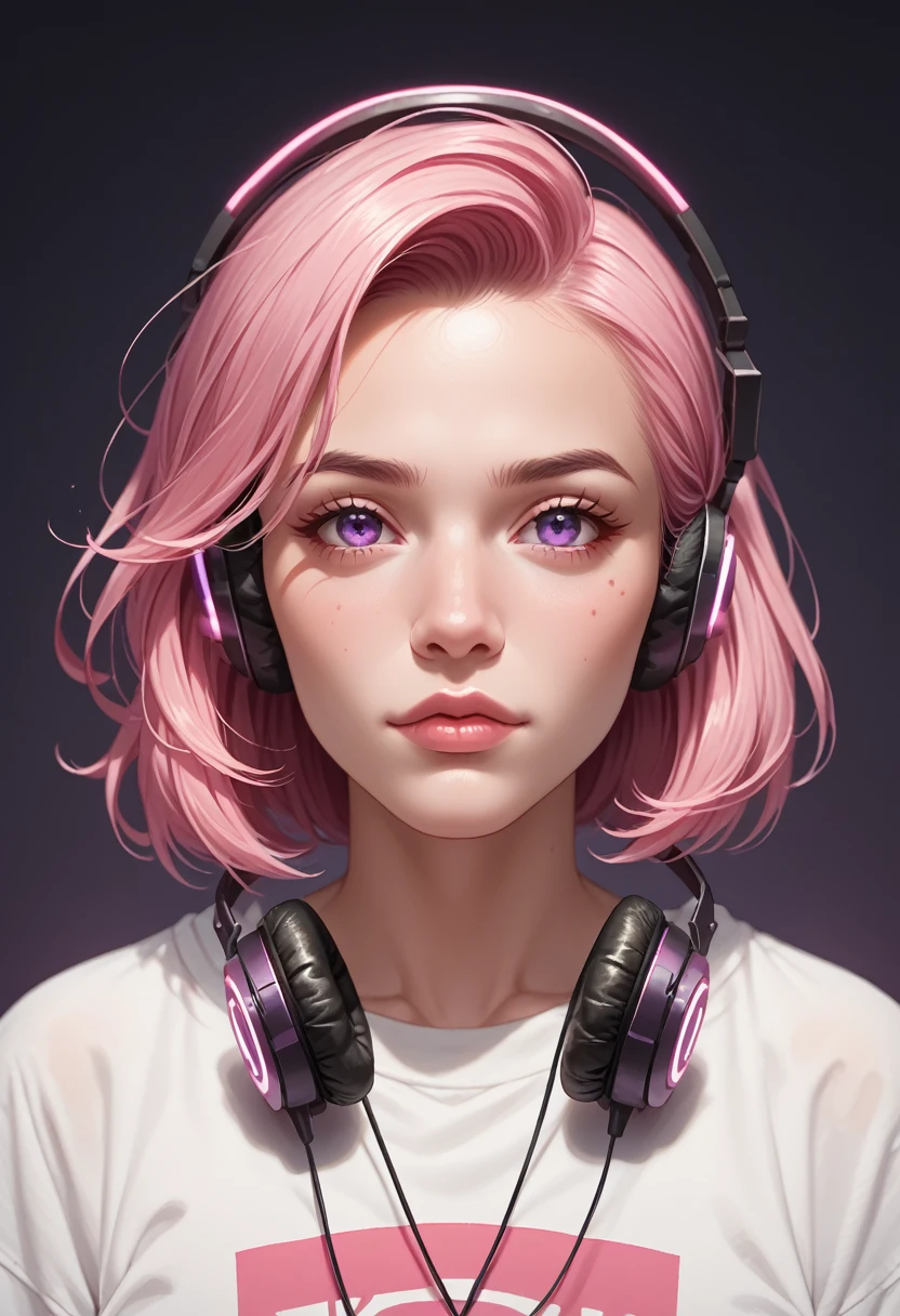 In the image, we see a young woman with vibrant pink hair wearing headphones. She has a confident expression on her face and appears to be enjoying listening to music. The headphones are over her ears, and she is wearing a white sweatshirt. The woman''s age is estimated to be around 22 years old, and she is identified as female. The colors in the image include shades of pink, purple, and blue. The focus is on the woman''s face and hair, showcasing her unique style and personality.