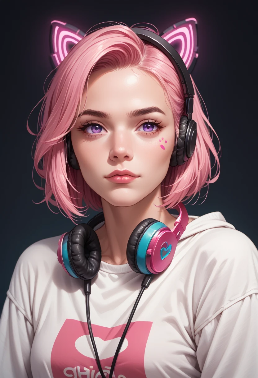 In the image, we see a young woman with vibrant pink hair wearing headphones. She has a confident expression on her face and appears to be enjoying listening to music. The headphones are over her ears, and she is wearing a white sweatshirt. The woman''s age is estimated to be around 22 years old, and she is identified as female. The colors in the image include shades of pink, purple, and blue. The focus is on the woman''s face and hair, showcasing her unique style and personality.