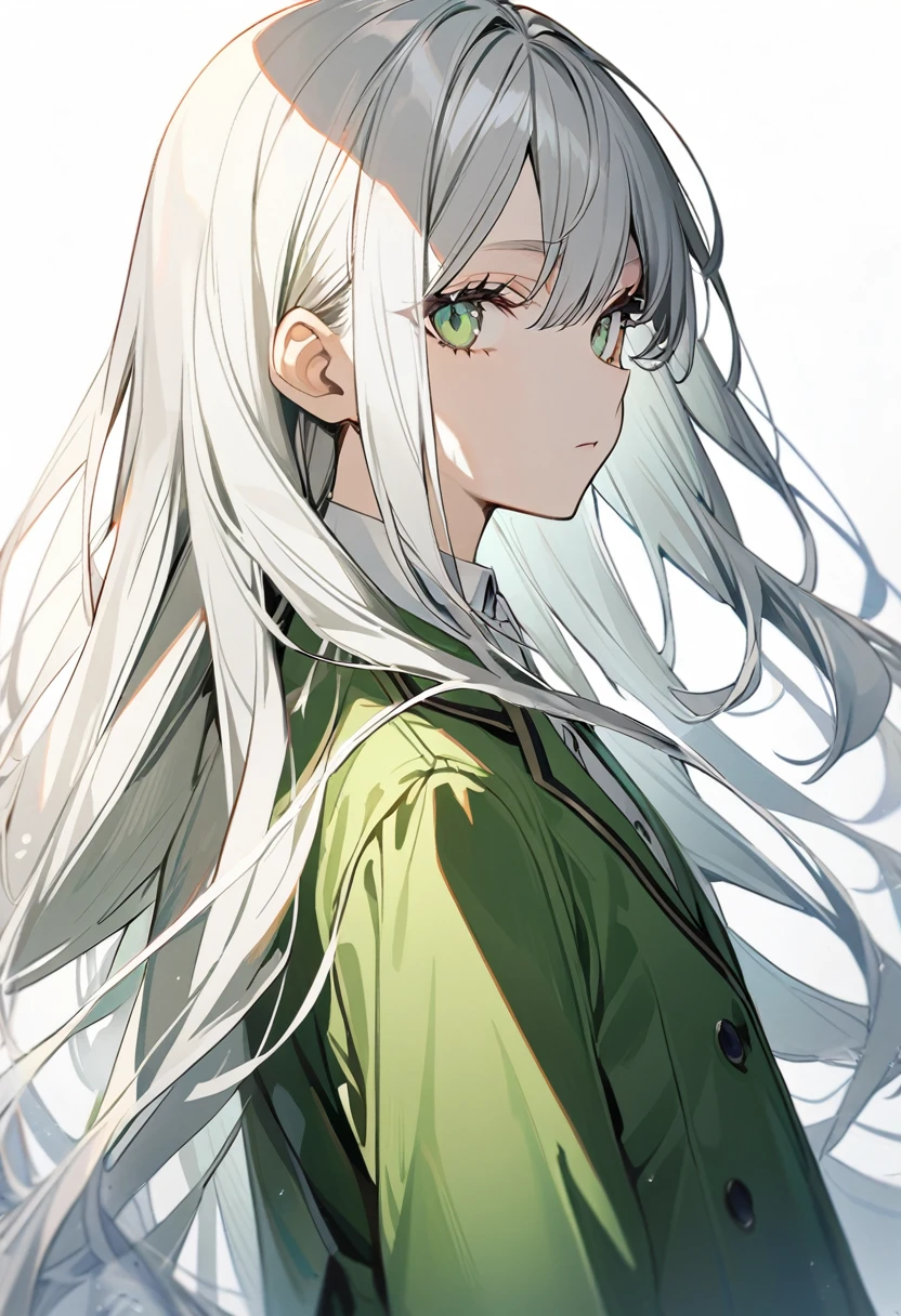 1girl, solo,light green eyeliner, black eye,green suit,Expressionless,look at viewer,from side,sstraight long hair,((silver hair)),sparkling light green eyes,white collared shirt,white background
