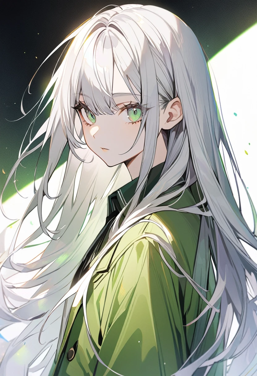 1girl, solo,light green eyeliner, black eye,green suit,Expressionless,look at viewer,from side,sstraight long hair,((silver hair)),sparkling light green eyes,white collared shirt,white background