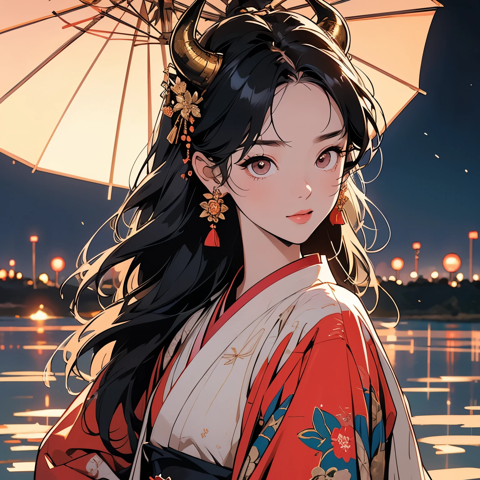 kimono, 完璧なkimono, 詳細なkimono, first-class, Super detailed, torii, Night view, forest, lake, (((狐をモチーフにしたSuper detailedな装飾))),One Woman, Perfect Face, Lantern, Faint lighting, mysterious, (((head shot))), Super detailedな髪、Sparkling Eyes, mysterious, Brightly colored obi, The wind is blowing, Apparition, Japanese style, Party rules, Panorama, Long Shot, Highly detailed background, (((Narrow-eyed beauty))),Red eyes, Demon Horns、A large, twisted and complex horn、A lot of gold decoration on the head、Creative eye patch