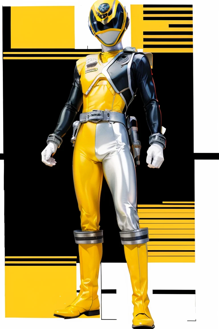 1boy, white, full body, Illustration, cinematic light, high resolution, best quality, ultra detailed, masterpiece, power suit, powerranger, suit, spd, (yellow ranger suit)),silver detail