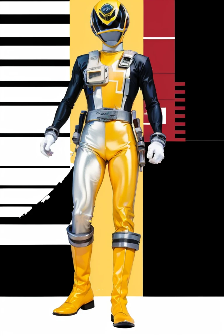 1boy, white, full body, Illustration, cinematic light, high resolution, best quality, ultra detailed, masterpiece, power suit, powerranger, suit, spd, (yellow ranger suit)),silver detail