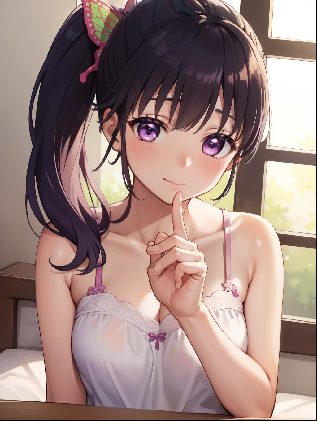 Kanaotsu Yuri, kanao tsuyuri, Black Hair, butterfly, butterfly hair ornament, (Purple eyes:1.1), Side ponytail, ponytail, smile、blush、、My mouth is empty、Sit on the bed、
Cute pink bra、Cute pink panties、Full Body Shot、
break looking at viewer,
Indoor rest, Shabby room,
break (Tabletop:1.2), highest quality, High resolution, unity 8k wallpaper, (figure:0.8), (Beautiful fine details:1.6), Highly detailed face, Perfect lighting, Highly detailed CG, (Perfect hands, Perfect Anatomy),