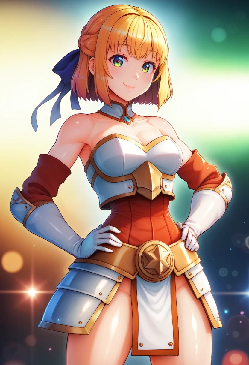 (masterpiece, best quality:1.2), cowboy shot, solo, 1girl, oosuki mamako, smile, closed mouth, looking at viewer,pose, hand on hip ,hair ribbon, oosukidef, strapless, armor, white gloves,NSFW,official art,extremely detailed CG unity 8k wallpaper, perfect lighting, (masterpiece:1.0),(best_quality:1.0), ultra high res,4K,ultra-detailed, photography, 8K, HDR, highres, absurdres:1.2, Kodak portra 400, film grain, blurry background, bokeh:1.2, lens flare, (vibrant_color:1.2),(beautiful_face:1.5),(narrow_waist),(perfect hands, perfect anatomy),