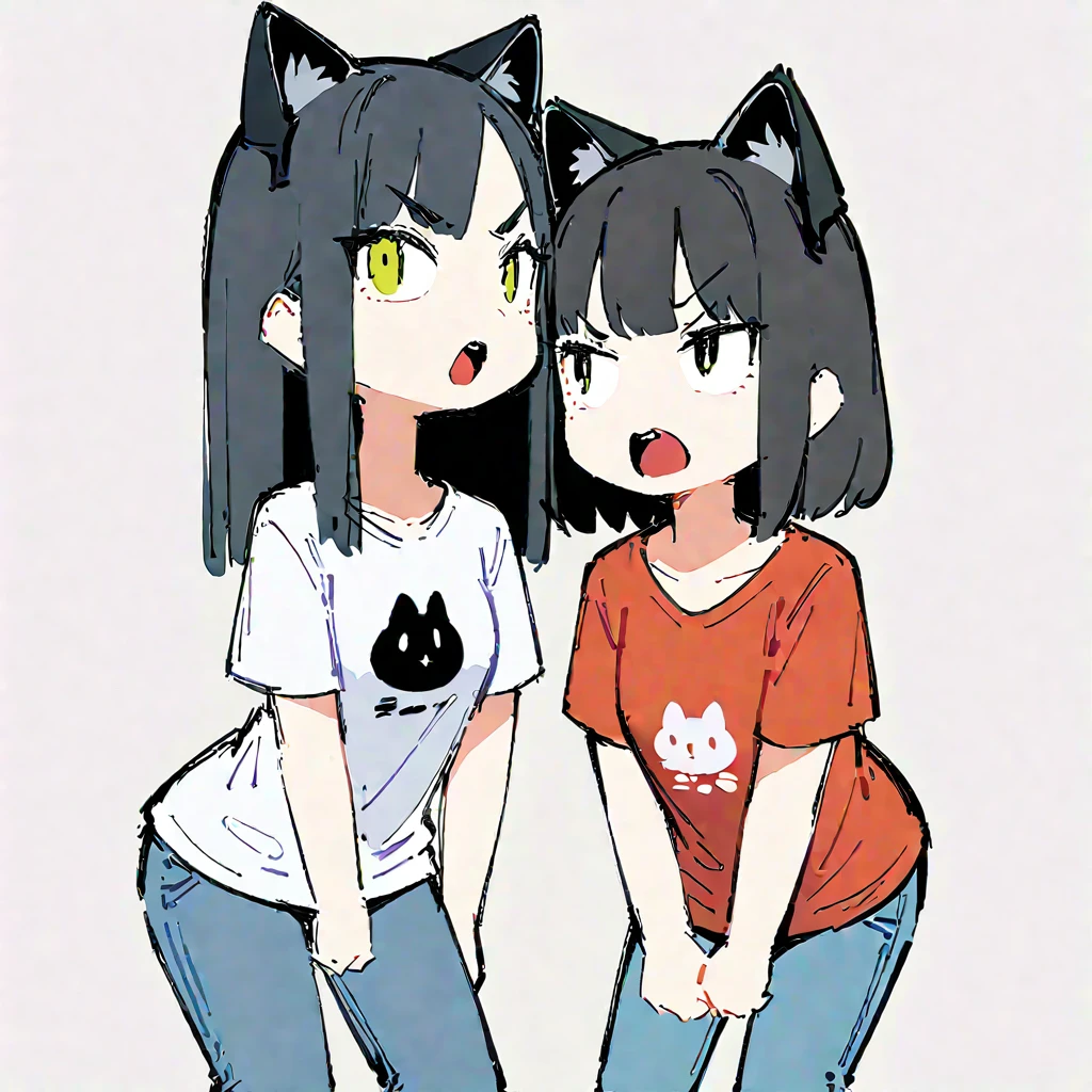 ((displeased look,open mouth)) ,(Thick painting style),Bold line, ((masterpiece,)),(((Highest quality))),(sketch),((Girls in their 20s)),Short black hair,Black cat ears,T-Shirts,jeans