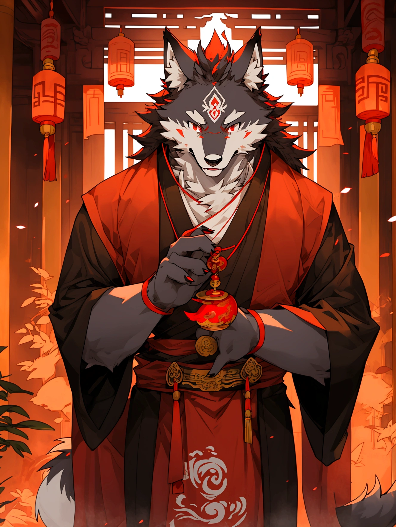 red fur,red eyes,In the temple,Chinese style,A cartoon image of an anthropomorphic wolf, furry,anthro wolf,priest,monk,magic