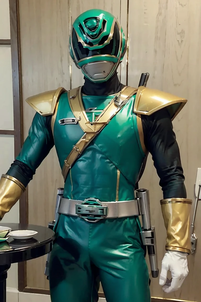 Fantasy background, cafe rpg style, empty chair, table, set of tea glass, (power rangers)), One guy、, ((green ranger suit)), chest armor with gold details, costume, Solo, ((fit figure)), (Anatomically correct), Cowboy shot, masked face, guns, muscular build