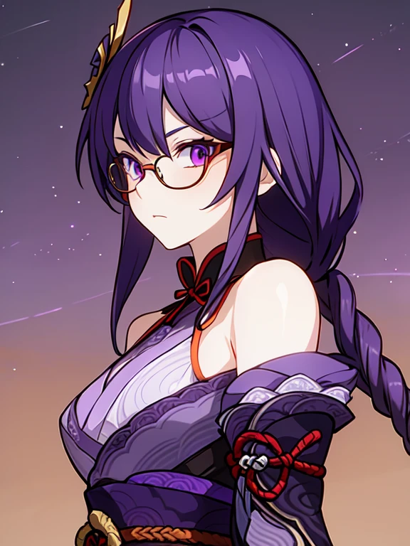 Raiden Shogun, purple hair, purple eyes, girl in fashionable orange glasses , with orange background, portrait