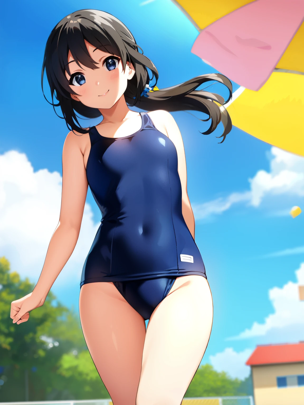 school swimsuit、Looking at the camera, smiling