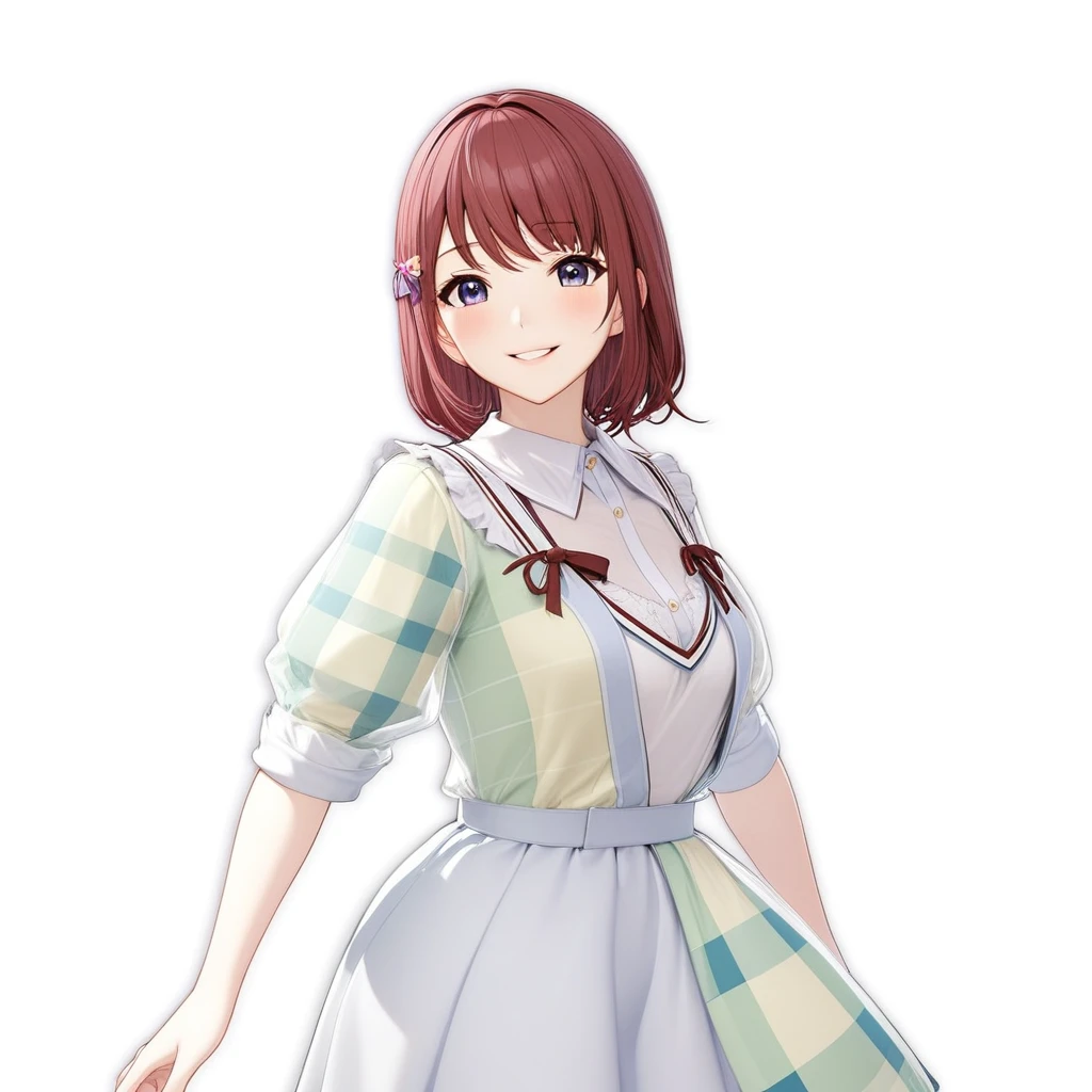 smile、Anime girl in a dress with ribbons and a plaid shirt, April Rendering, sayori, Official character art, hints of Yaoi Kasuma, Cute 3D anime girl render, Yaoi Kasuma, Mirabelle Madrigal&#39;s rendering, Smooth anime CG art, kasumi arimura style 3/4, Beatrice Blue