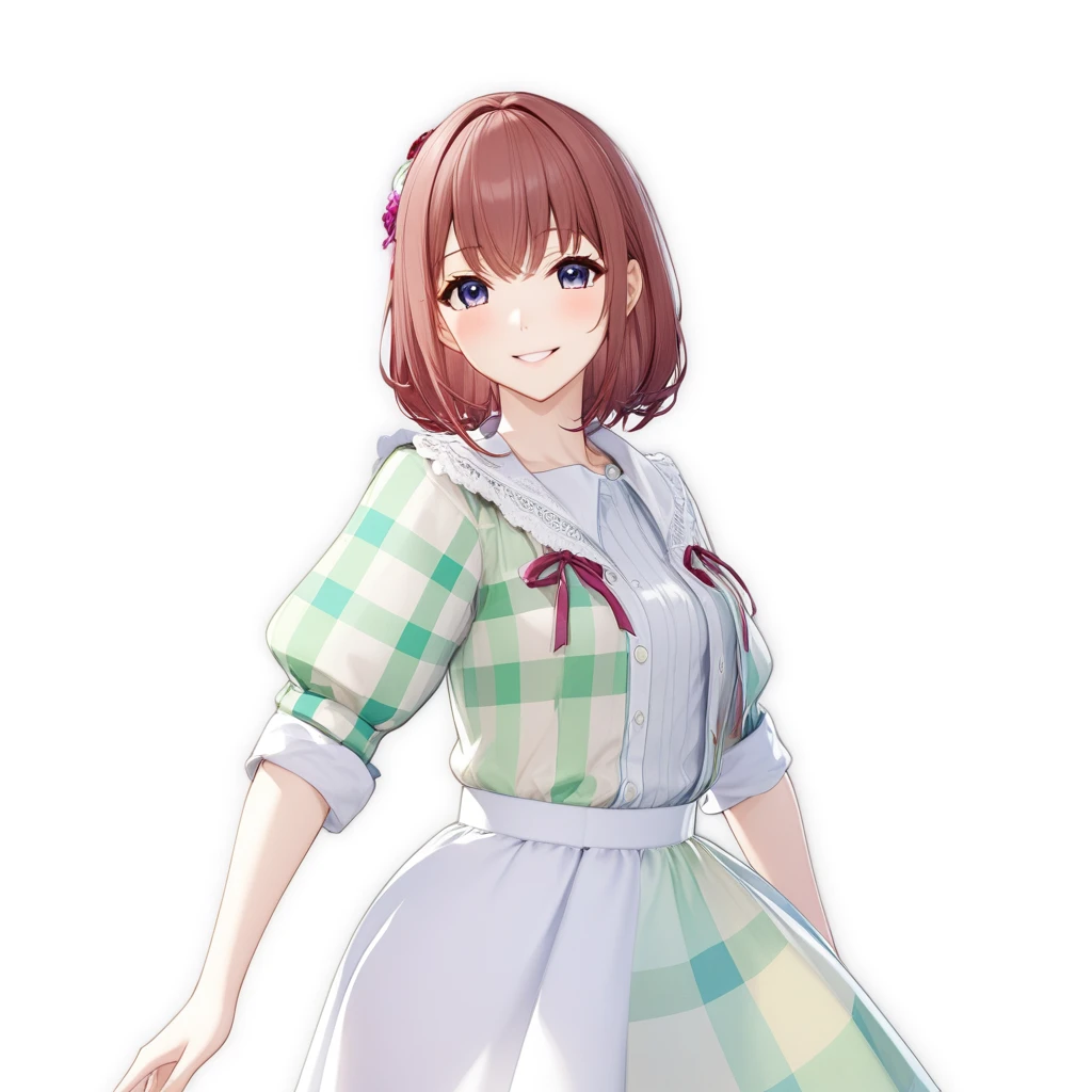 smile、Anime girl in a dress with ribbons and a plaid shirt, April Rendering, sayori, Official character art, hints of Yaoi Kasuma, Cute 3D anime girl render, Yaoi Kasuma, Mirabelle Madrigal&#39;s rendering, Smooth anime CG art, kasumi arimura style 3/4, Beatrice Blue