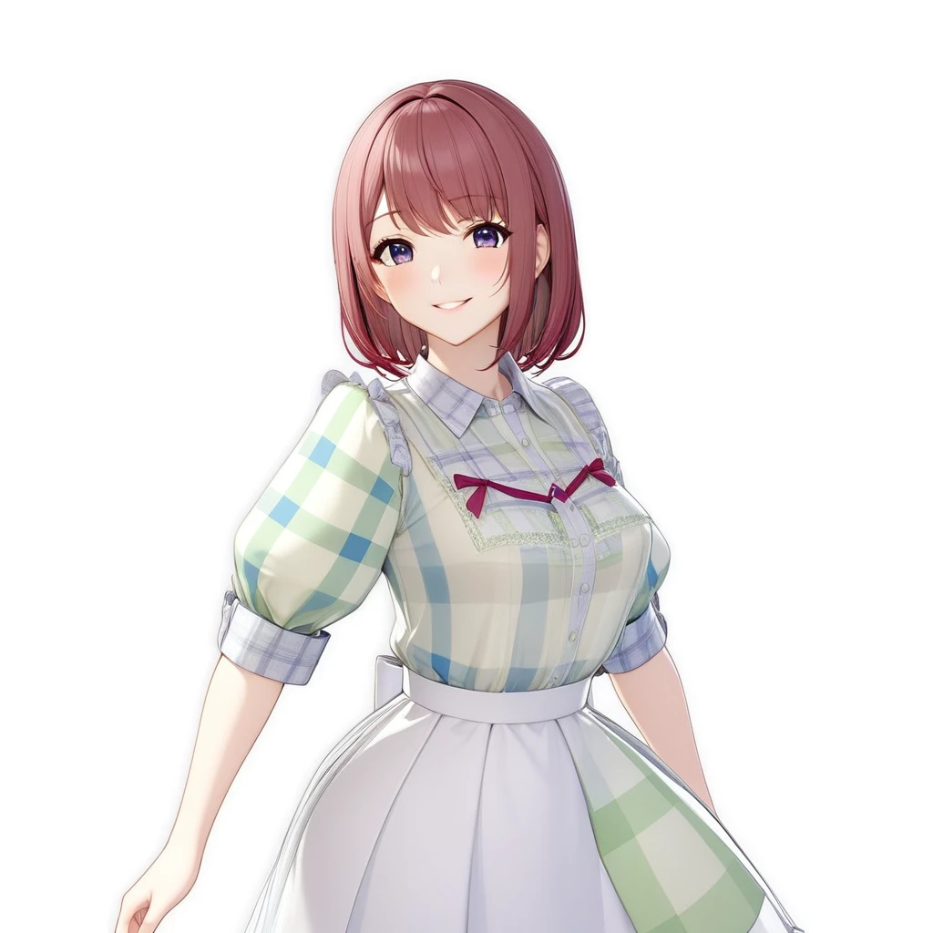 smile、Anime girl in a dress with ribbons and a plaid shirt, April Rendering, sayori, Official character art, hints of Yaoi Kasuma, Cute 3D anime girl render, Yaoi Kasuma, Mirabelle Madrigal's rendering, Smooth anime CG art, kasumi arimura style 3/4, Beatrice Blue