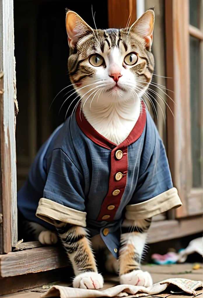Poor cat who lives in a small and old house and the cat’s clothes are torn