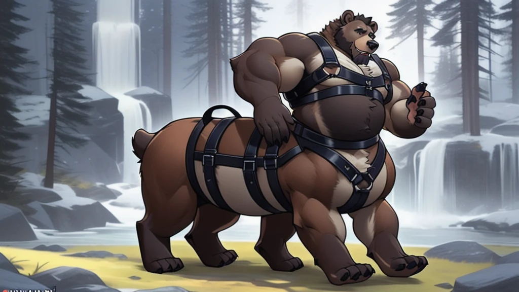 fur, fur taur, brown beartaur, middle-age, detailed face, bear ears, bear eyes(brown), bear nose(black), bear mouth, garibaldi beard(white), mature hair(white), detailed arms(strongest), hands(5 fingers), detailed body belly, muscle belly(white), chest harness, detailed taur body, bear paws, bear tail