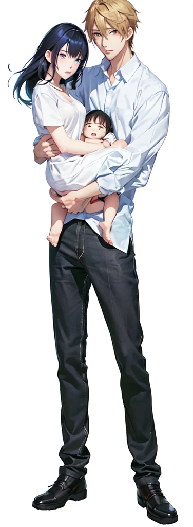 anime couple hugging each other while holding a baby, tall anime guy with blue eyes, !!full body portrait!!, full body close-up shot, yandere. tall, full body portrait of a short!, full body illustration, fullbody portrait, fully body portrait, makoto shinkai and (cain kuga), made with anime painter studio