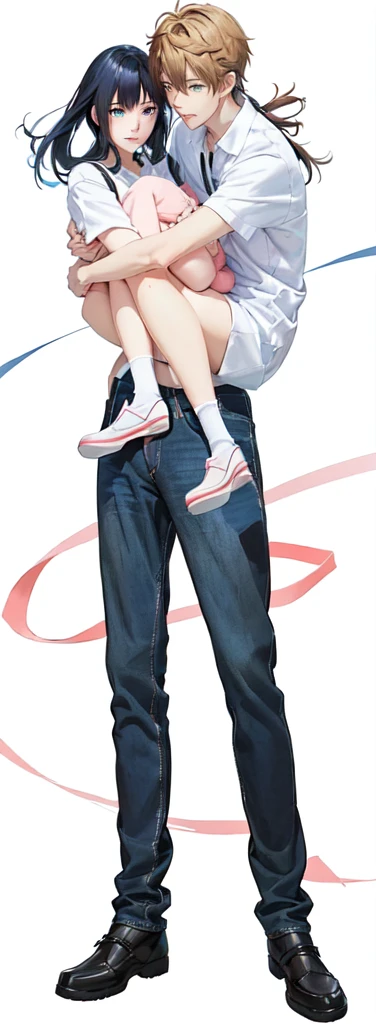 anime couple hugging each other while holding a , tall anime guy with blue eyes, !!full body portrait!!, full body close-up shot, yandere. tall, full body portrait of a short!, full body illustration, fullbody portrait, fully body portrait, makoto shinkai and (cain kuga), made with anime painter studio