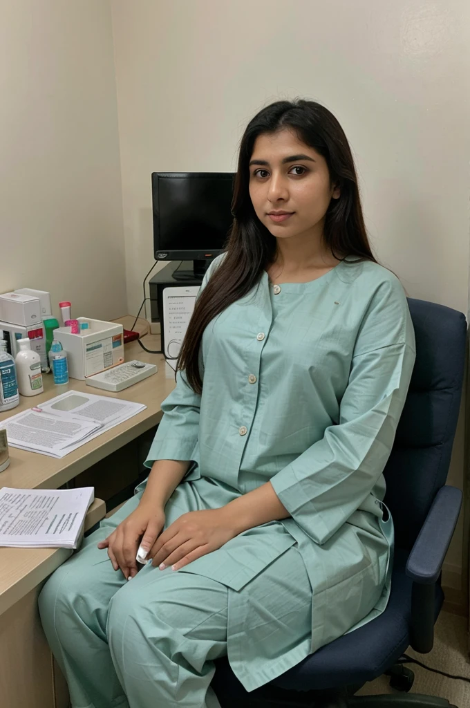 "A Pakistani lady doctor sitting at her desk and chair in her clinic, wearing Cort and pant ,looking straight at the camera with an expression of readiness to speak, professional and composed, traditional beauty, confident and serene, surrounded by medical files and equipment like medicine and wearing stethoscope , medical machine , modern and well-organized clinic, exuding warmth and intelligence,