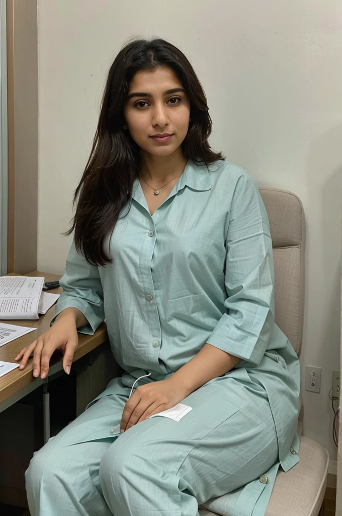 "A Pakistani lady doctor sitting at her desk and chair in her clinic, wearing Cort and pant ,looking straight at the camera with an expression of readiness to speak, professional and composed, traditional beauty, confident and serene, surrounded by medical files and equipment like medicine and wearing stethoscope , medical machine , modern and well-organized clinic, exuding warmth and intelligence,