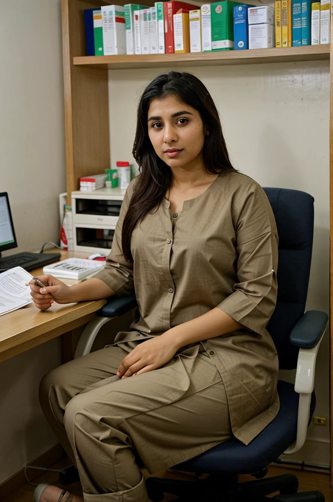 "A Pakistani lady doctor sitting at her desk and chair in her clinic, wearing Cort and pant ,looking straight at the camera with an expression of readiness to speak, professional and composed, traditional beauty, confident and serene, surrounded by medical files and equipment like medicine and wearing stethoscope , medical machine , modern and well-organized clinic, exuding warmth and intelligence,