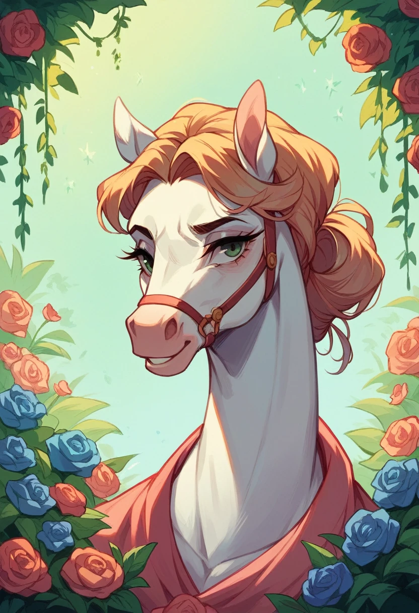 Illustration of Queen Catherine the Great in an elegant gown, tending to flowers in a vibrant royal garden, with a majestic horse grazing beside her."