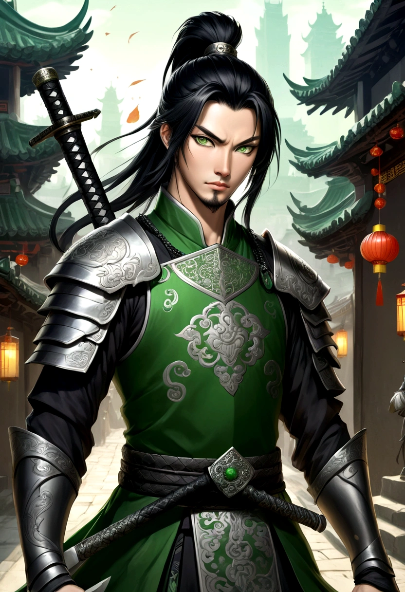 anime style, Women, it would be nice, black hair and green eyes, with three black tails, with armor with black Chinese decorations with green decorations, black roots embedded in his neck and a tattoo on his face that alludes to roots, traditional chinese silver sword, threatening happy expression, background medieval city