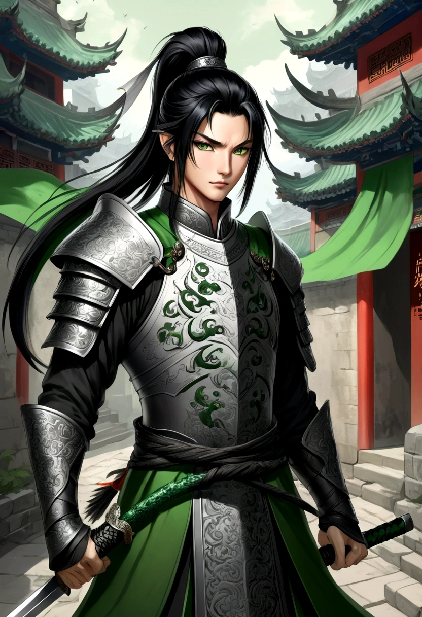 anime style, Women, it would be nice, black hair and green eyes, with three black tails, with armor with black Chinese decorations with green decorations, black roots embedded in his neck and a tattoo on his face that alludes to roots, traditional chinese silver sword, threatening happy expression, background medieval city