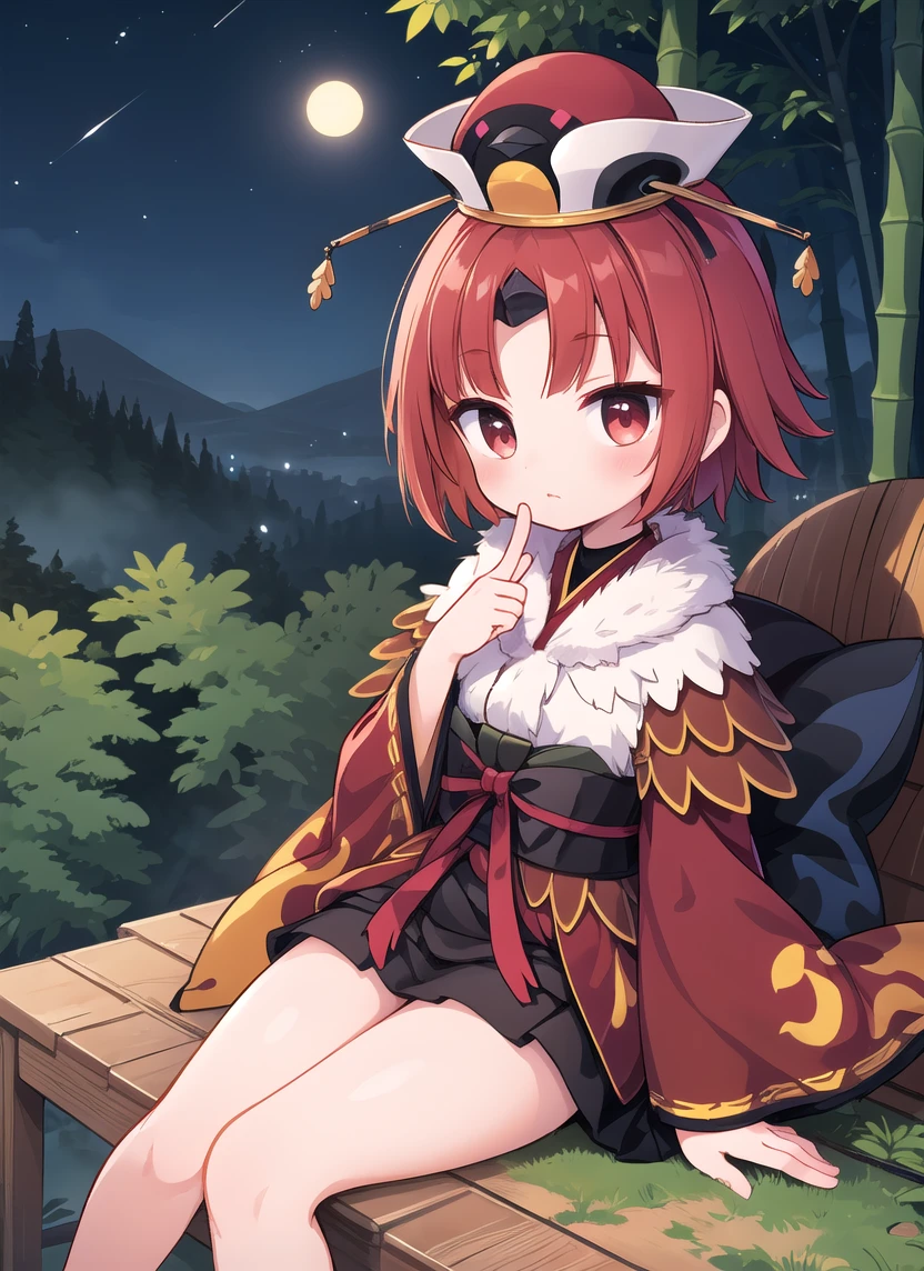 lighting,masterpiece,figure,Girl,Short Hair,Wide sleeve,Long sleeve,kimono,hat,reclined position1:2,Detailed fingers,,bamboo forest,Hut,night,(from the top1.2),Fine hand,sit,Hut,hand between legs1.2,hand between legs1.2