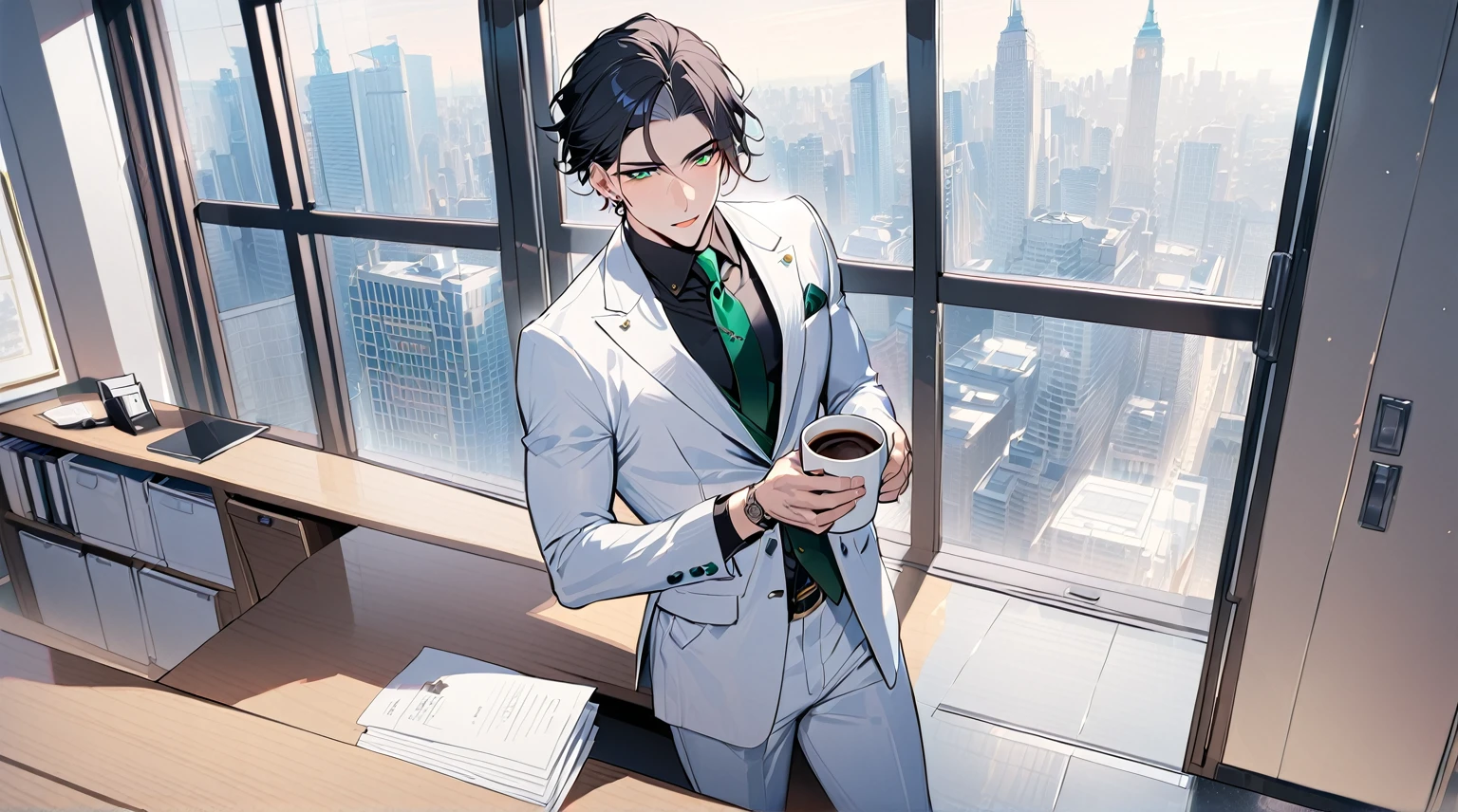 1 male, 25 years old British male, decisive, graceful, tattooed, emerald green eyes, black hair, white suit, black shirt, tie, British gentleman, white pants, office president, perfect body
Standing, holding a cup of coffee in his hand
((best quality)), ((masterpiece)), (detailed), office, president's office, floor-to-ceiling windows, top-down view scene,