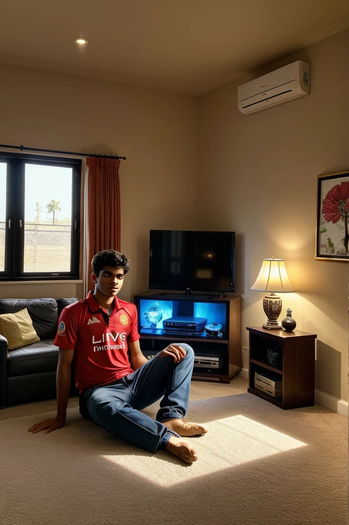 In a spacious , tastefully decorated living room , a lifelike scene unfolds. A young man approximately , engrossed on an IPL match , sits before a grand LED TV. He proudly sports a vibrant RCB team jersey on which name "Bikesh kumar" and the number "48 RCB" emblazoned boldly. The natural lighting cascades through the room illuminating every detail, while the LED TV screen displays the match in all its glory , captivating the viewer's attention