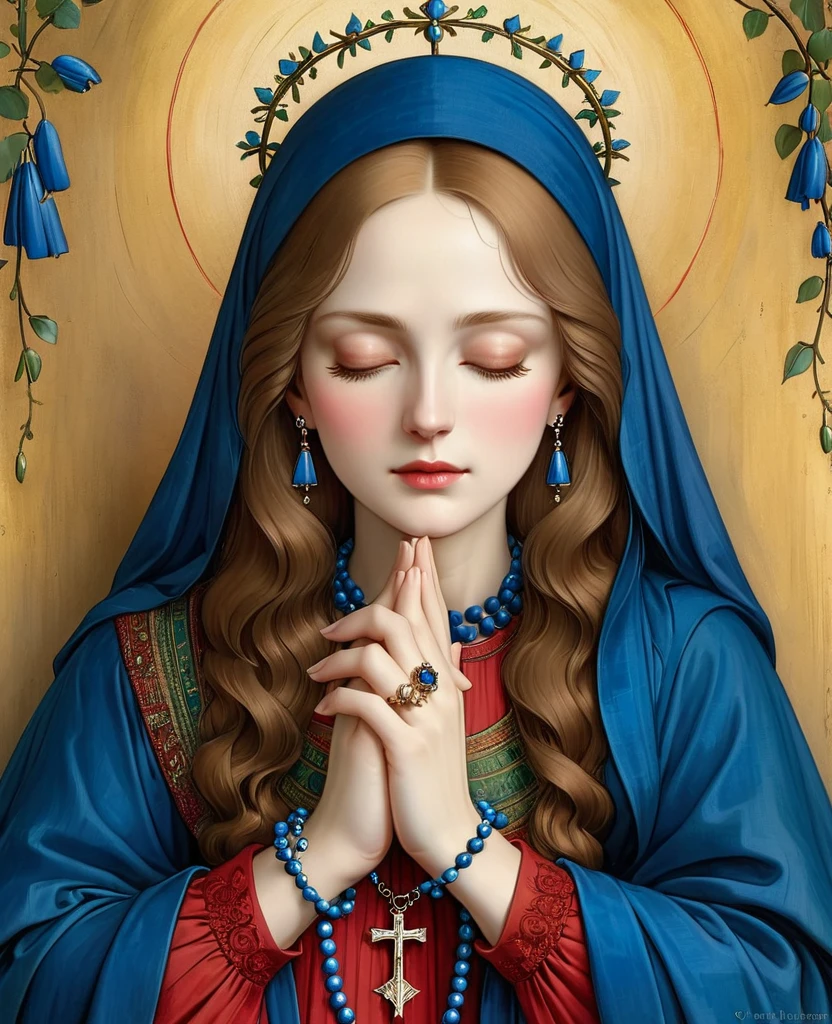 A pair of hands clasped in prayer, adorned with a rosary and wearing an elegant ring on the left hand, painted in the style of Jan van Eyck