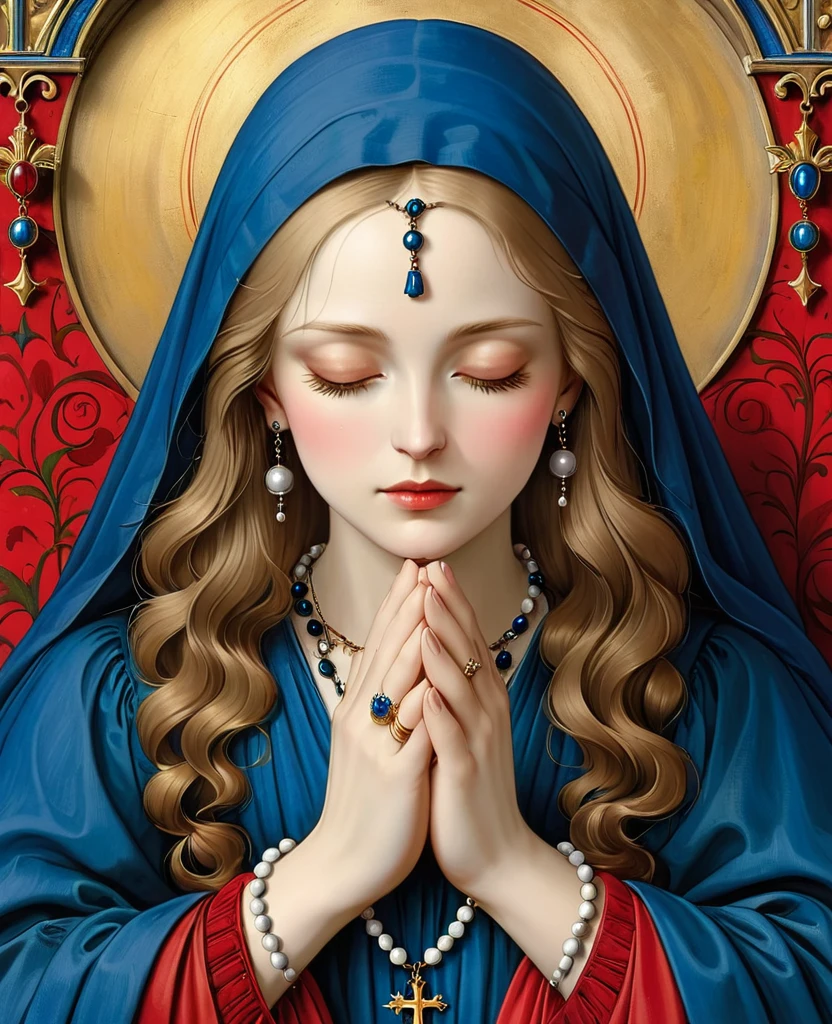A pair of hands clasped in prayer, adorned with a rosary and wearing an elegant ring on the left hand, painted in the style of Jan van Eyck