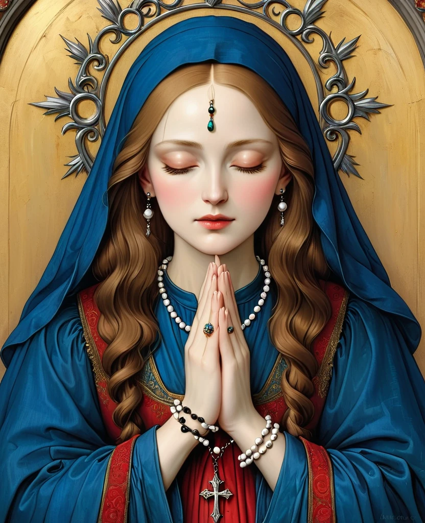 A pair of hands clasped in prayer, adorned with a rosary and wearing an elegant ring on the left hand, painted in the style of Jan van Eyck