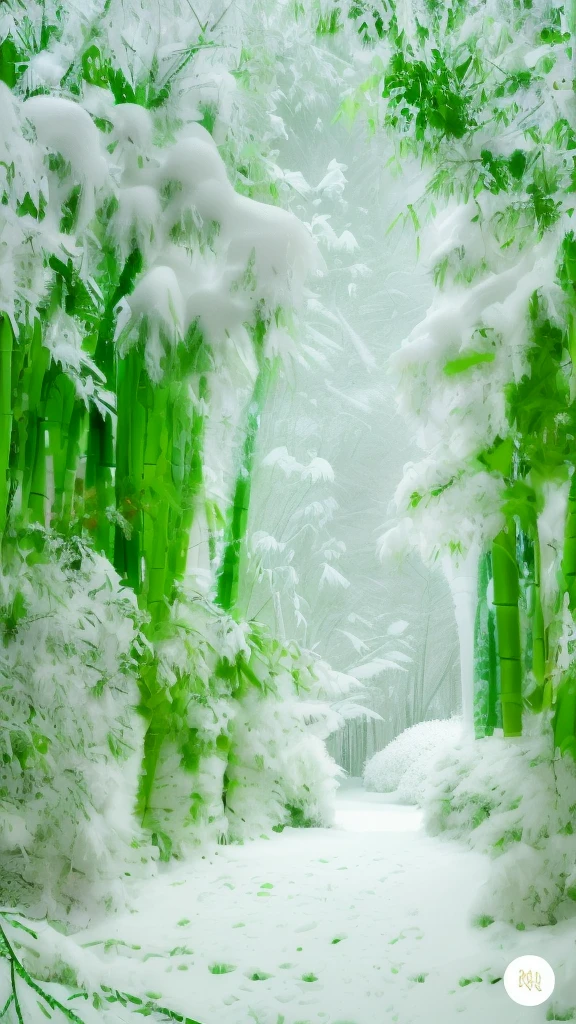 Photo of a bamboo forest covered in snow。White snow piled up on the green bamboo、Bamboo leaves and trunks covered in snow。The snow continues to fall、The ground is covered with snow。A quiet and peaceful winter scene unfolds.、You can see the path leading into the bamboo forest.。the background is blurry、Pale white and green tones in harmony。