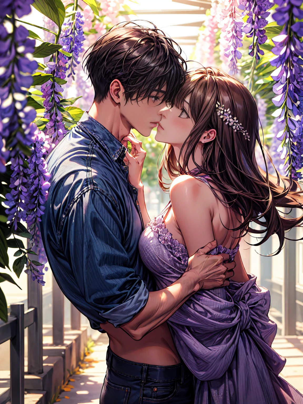 ((absurdres, higher, ultra HD)) 1 male, 1 female,mature, kissing each other, guy is front of her slightly bend towards her, man is shirtless, wearing blue jeans ,woman wearing beautiful pink dress, wisteria flower around them, beautiful, scenary, romantic,((calm and romantic expression:1.2)) ,pixiv, digital painting, mascular man, beautiful elegant woman, (gray stylish hair for man), (brown long hair for woman)