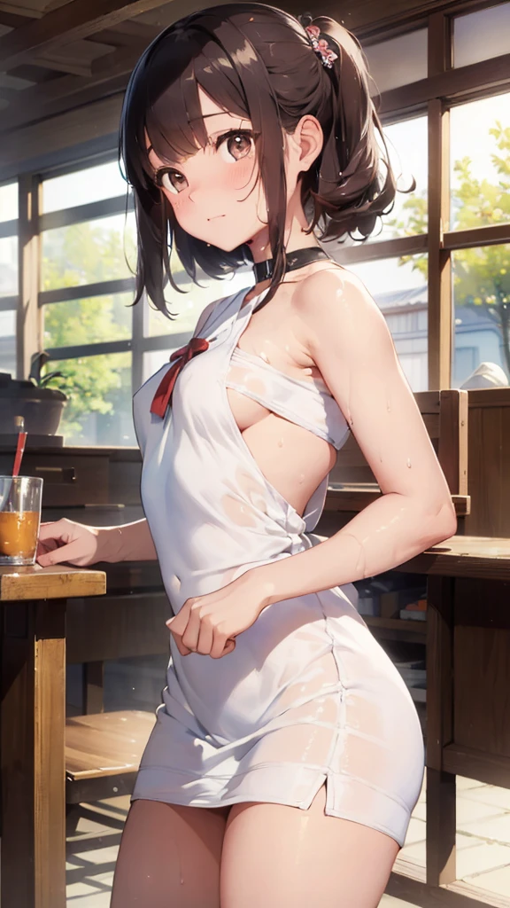 (​masterpiece:2.0), (top-quality:2.0), (white Tube top extremely short length dress made by towel:1.5), (perfect exposed shoulders:1.5), (perfect exposed nape:1.5), (super sexypose:1.5), (blushed face:1.3), (barechested:1.3), (realistic:1.5), 1 , precise small hands, Embarrassed look, light smile, extremely cute girl, innocent face, young face, Clear eyes, Shining eyes, shoulder is visible, small breast, thigh is visible, No pubic hair, The beautiful skin, ultra-definition, Top resolution, japan high school student, brown hair, Camel petals, wet,