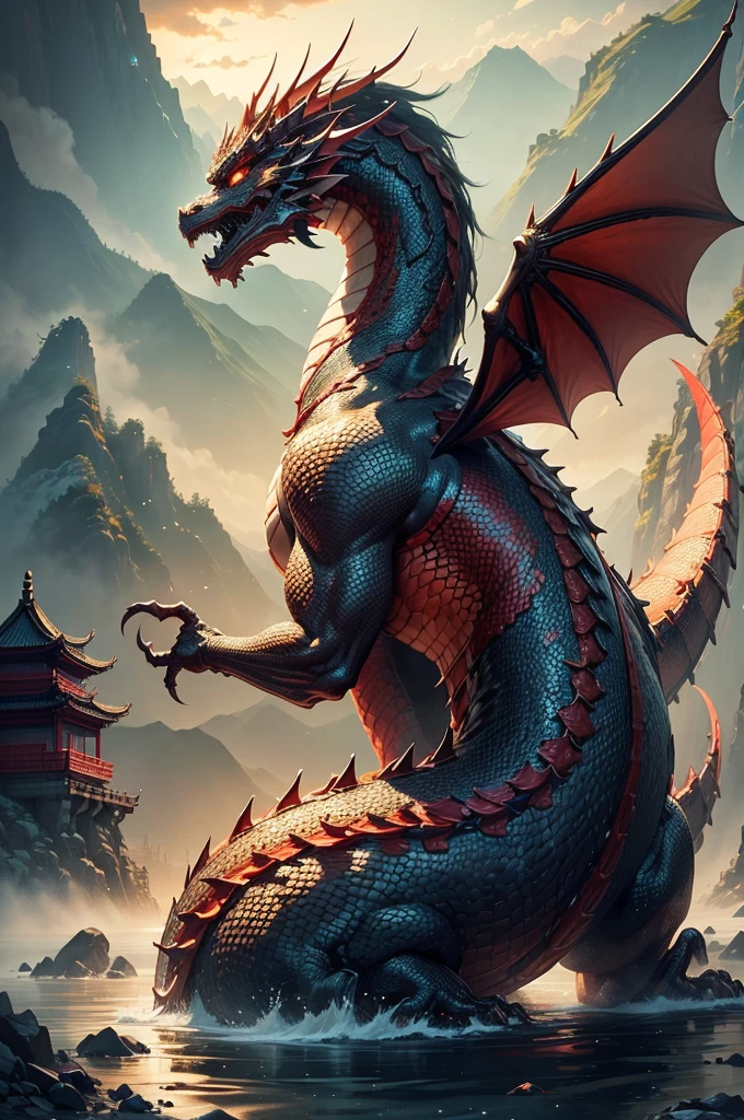 Create a highly detailed and magnificent image of a Chinese dragon looking at a girl with her back to us. The dragon should have fine scales and a long, sinuous body. The dragon's head should have the characteristics of a traditional Chinese dragon, such as long beards, antler-like horns, and sharp, expressive eyes. The dragon's body should be coiled among the clouds, with a traditional Chinese landscape including mountains, rivers, and temples in the background. The image should be brightly colored, with a harmonious mix of red, gold and green. The dragon should appear both powerful and elegant, symbolizing strength and wisdom. Add traditional Chinese elements such as clouds, fire and water to enhance the mythical atmosphere. Images should be of high resolution and artistic quality suitable for digital art display