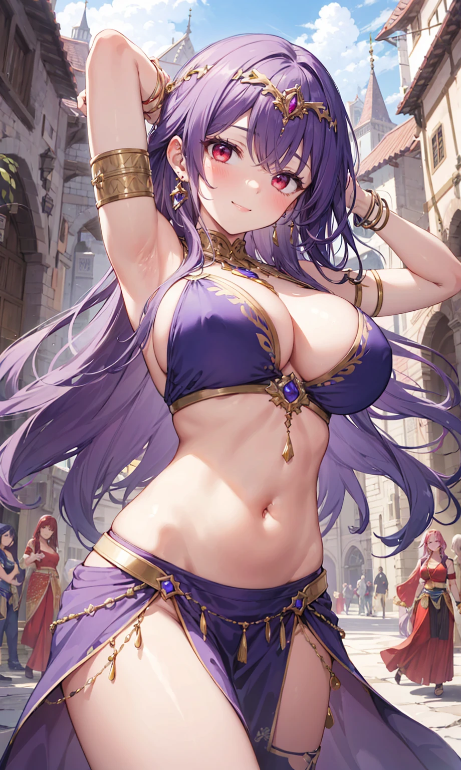 high quality, ultra detailed, best quality, insanely detailed, beautiful, masterpiece, 1girl, medieval plaza, cowboy shot, red eyes, long hair, purple hair, belly dancer, circlet, earrings, armlets, bracelets, bashful smile, large breasts, cleavage, soft stomach