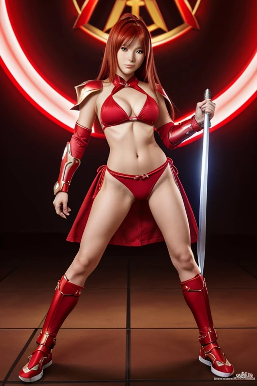a cartoon picture of a woman with a sword and a red shirt, armor girl, bikini armor, bikini-armor, full body zenkai! asuka suit, asuka suit under clothes!, alexstrasza, by Okada Beisanjin, bikini armour, hero 2 d fanart artsation, she is ready to fight, nanogirl