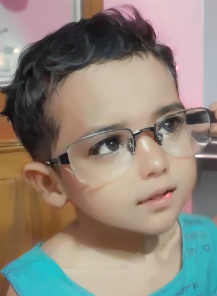 there is a young boy wearing glasses and a blue shirt, ayan nag, reyyan, innocent look, 2 , with glasses, with cute doting eyes, jayison devadas, with glasses on, !!wearing modern glasses!!, innocent face, !!wearing glasses!!, riyahd cassiem, with accurate face, wearing medium - sized glasses