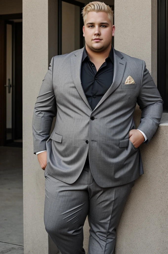 A blonde, obese, guy with a suit, with piercing gray eyes, lowkey attractive.