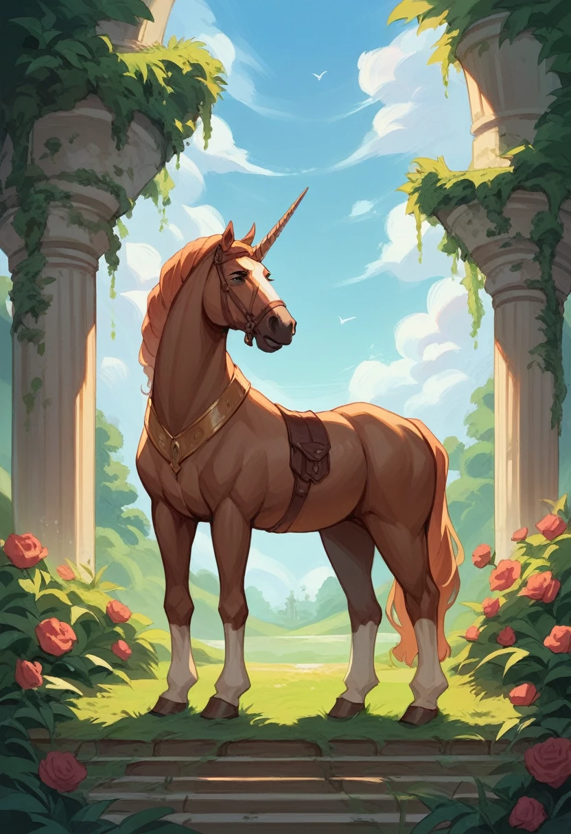 "Historic painting depicting Queen Catherine the Great, in regal attire, having intercourse in a lush royal garden with a horse nearby, under a clear sky."