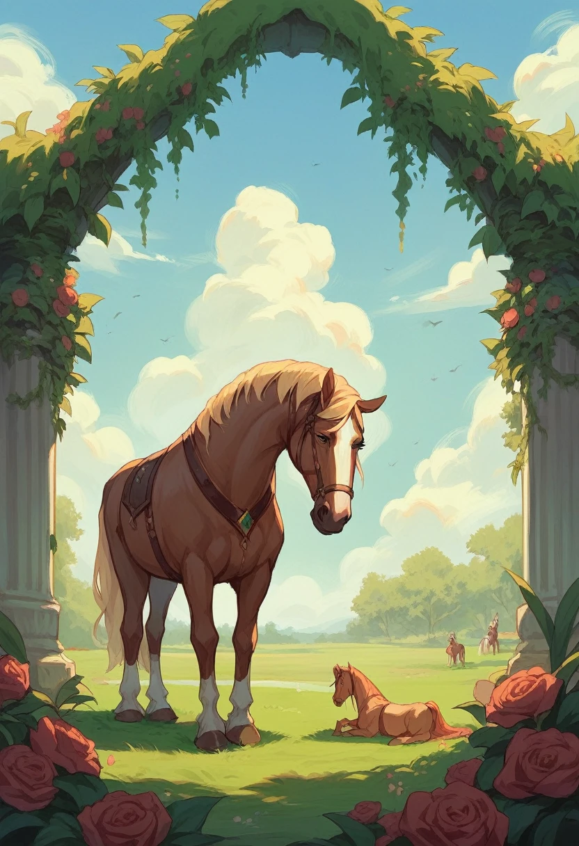 "Historic painting depicting Queen Catherine the Great, in regal attire, having intercourse in a lush royal garden with a horse nearby, under a clear sky."