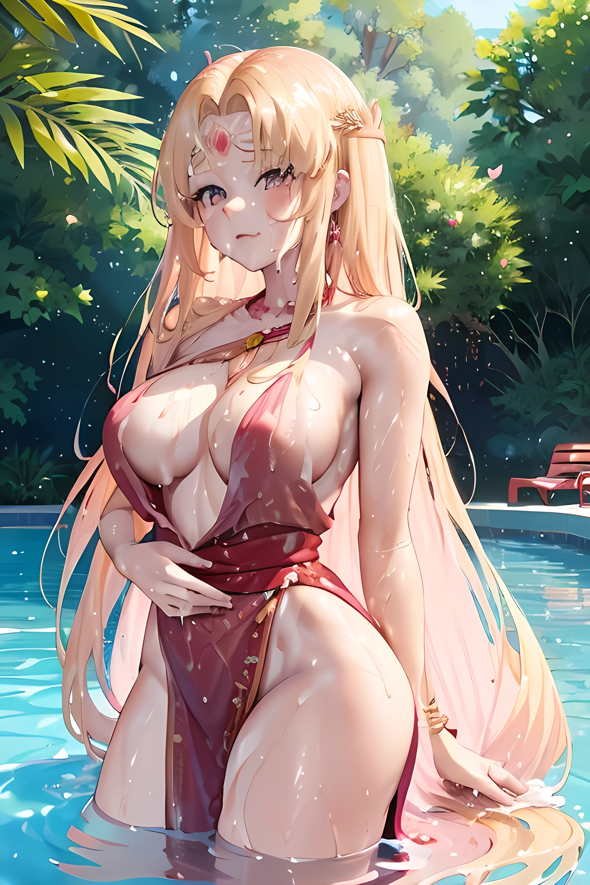 blonde very long hair, red eyes, wearing a sexy pink dress, side slit, ultrasharp, looking at the viewer, ((best quality)), ((masterpiece)), (detailed), perfect face, big breast, sexy body, sexy woman besides her, hugged, An anime scene of two girls hugging and kissing intensely, with hearts and sparkles floating around them as they stand in pool of water